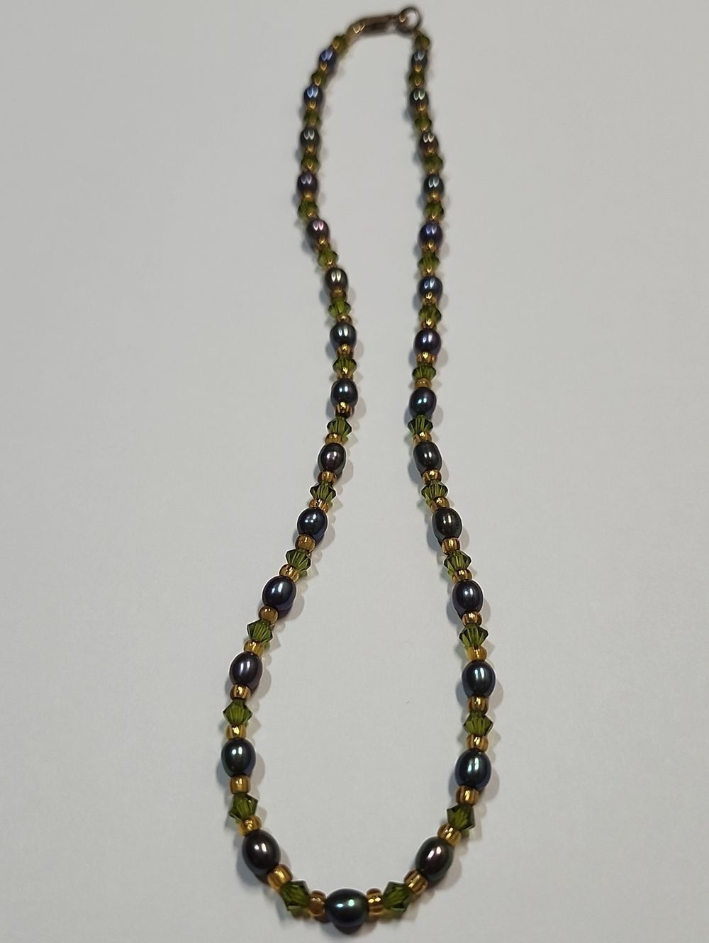 14/20GF Clasp Real 'Black' Pearl and Green Crystal Beaded Necklace 14" Length